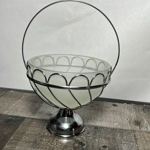Vintage Frosted Glass and Metal Wire Basket with Pedestal